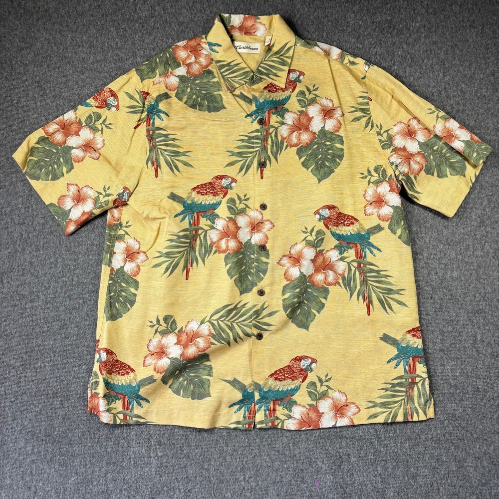 Caribbean Mens Silk Blend Parrot Hibiscus Floral Tropical Camp Shirt Yellow L‎